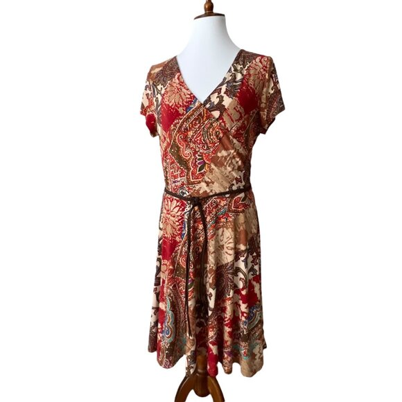 Lauren Ralph Lauren XL Dress Fall Boho Faux Wrap Stretch Patchwork Paisley belt - Picture 14 of 15